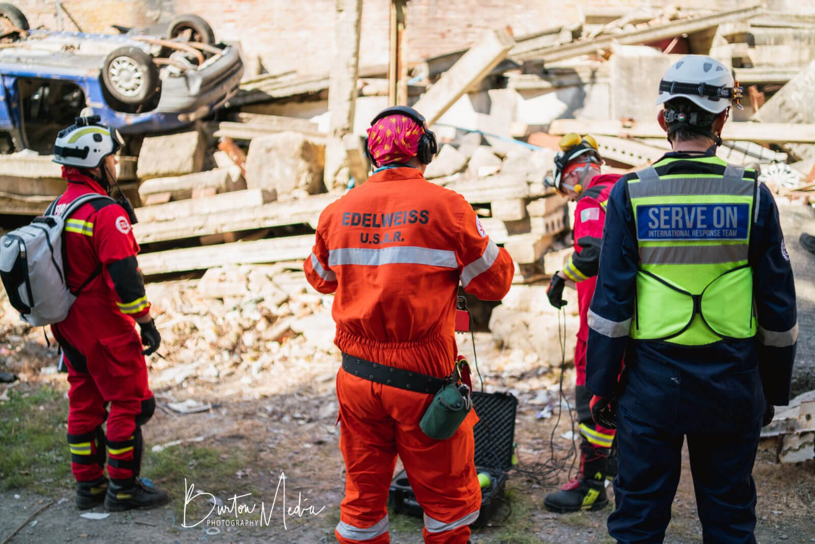 Firefighters and search and rescue crews at a training exercise