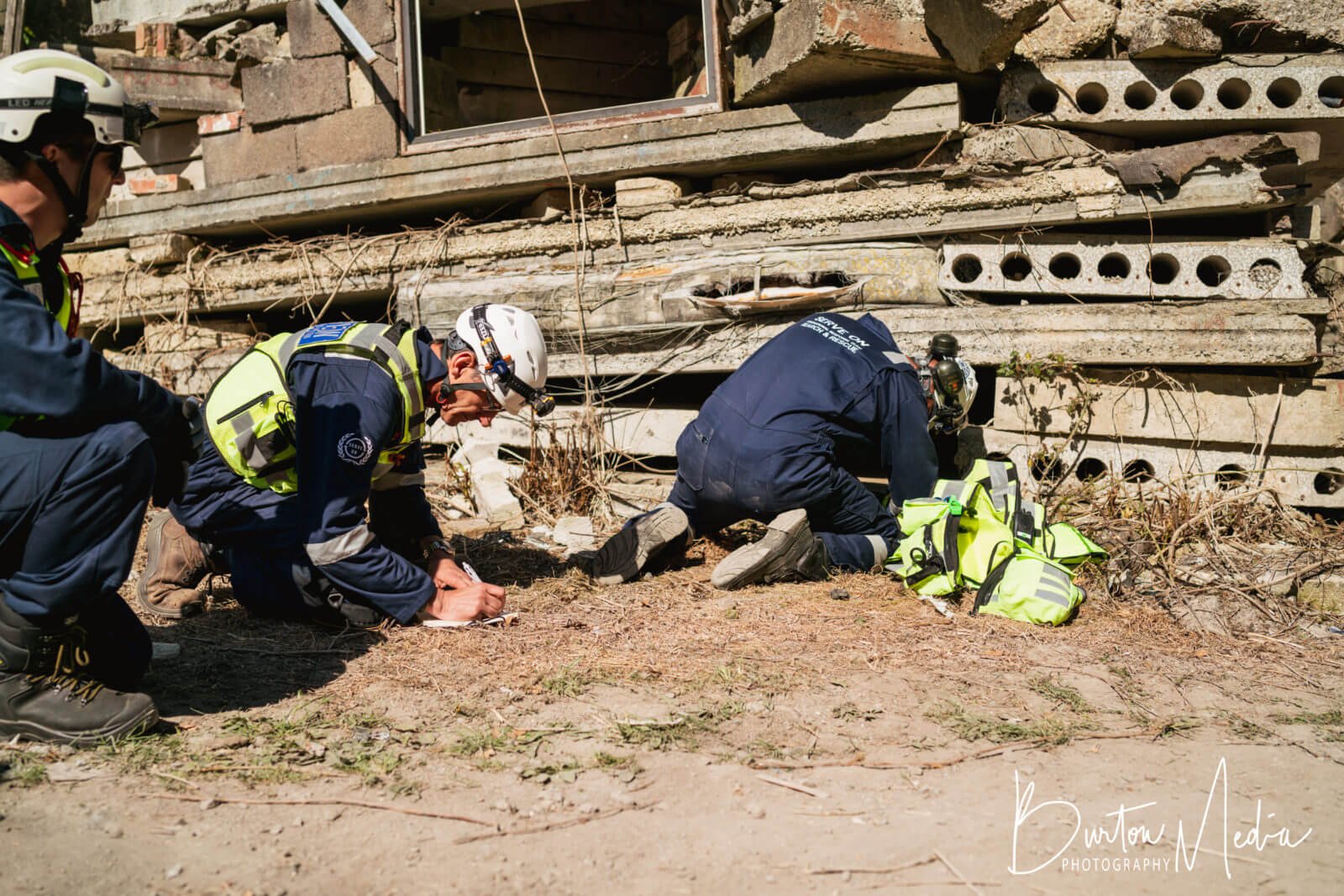 Crews working at ground level during a rescue exercise