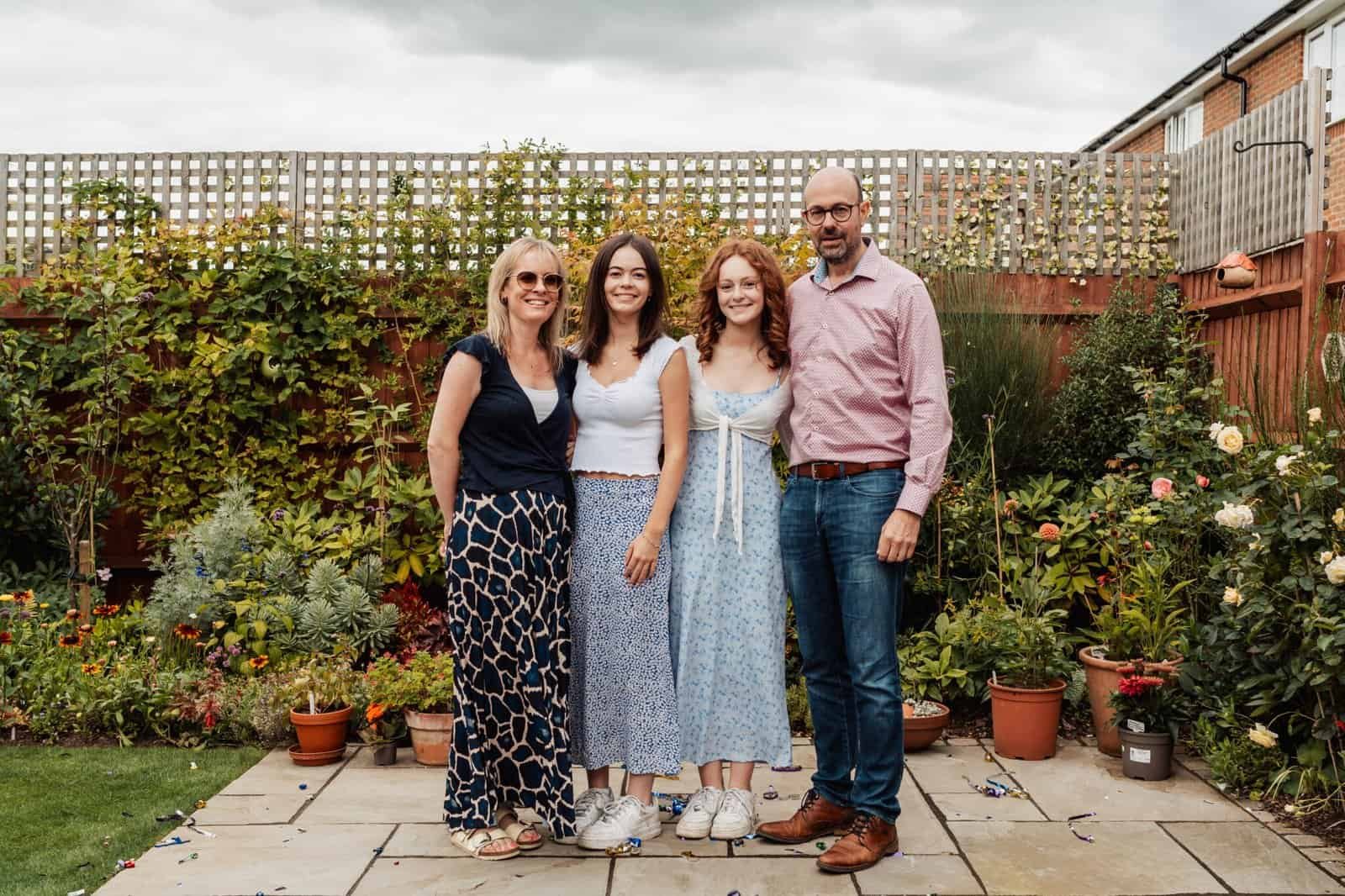 Family portrait at a garden gathering