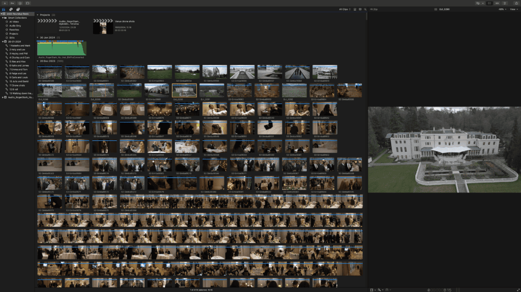 Video editing display with project thumbnails and drone shot.
