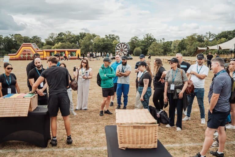 Wide view of a corporate away day set up across the grounds