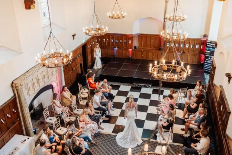 Elevated view of the great hall at Horsley Towers