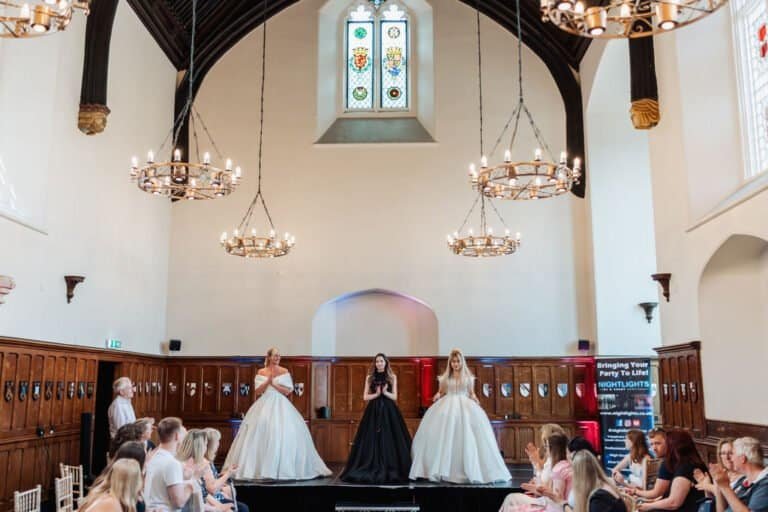 Wide view of the panelled great hall at Horsley Towers