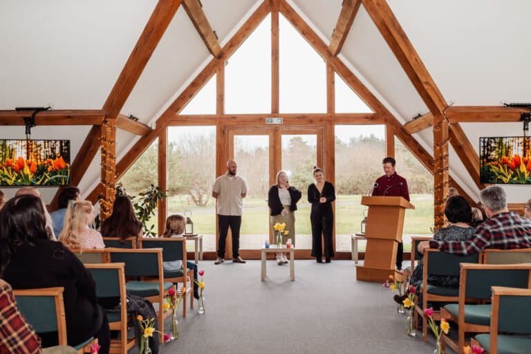 Timber framed ceremony room set up for a baby naming ceremony